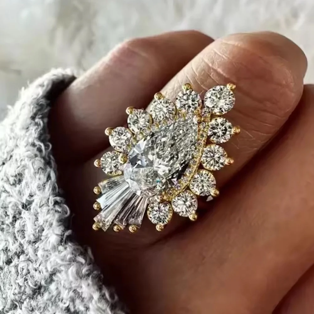 Gold Plated Teardrop Halo Ring baguettes & CZ Size 8 Wedding Engagement